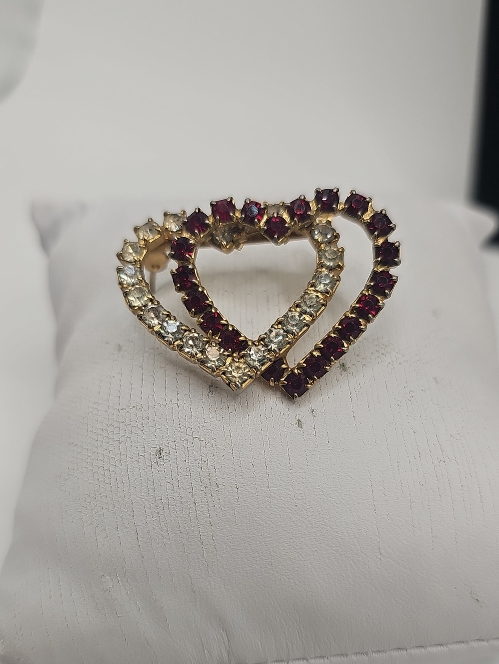 Gold Double Heart Brooch with Red and Clear Stones. Romantic, Love..